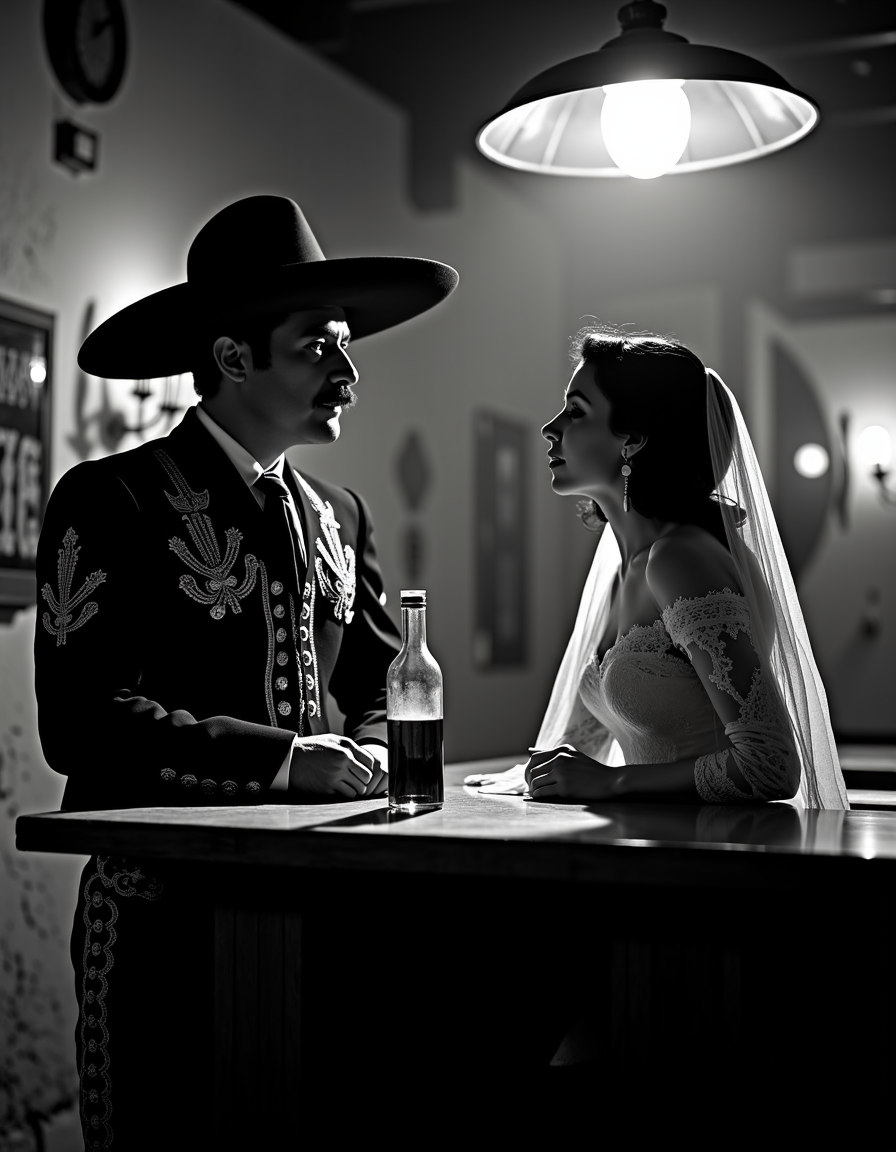 <lora:Mexican Noir Style-flux:1> mxnoirsty, black and white, dark, the Charro and the Femme Fatale (Mexican Noir Style, Shot on 35mm Ilford Black & White Film, High Contrast Lighting)
A rugged charro in a dark embroidered suit and wide sombrero leans against the wooden bar of a smoky cantina, a half-empty tequila bottle at his side. His sharp eyes, shadowed by his hat, watch a woman draped in a lace mantilla as she sings a slow, melancholic ranchera. Her red lips, though unseen in black and white, contrast against her porcelain skin. The only illumination comes from a single overhead lamp, casting stark, dramatic shadows across the peeling cantina walls. Shot with deep contrast and a touch of film grain, the tension between them is palpableâlove or betrayal lingers in the air.