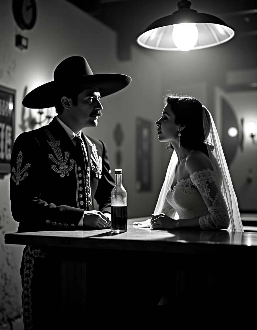 <lora:Mexican Noir Style-flux:1> mxnoirsty, black and white, dark, the Charro and the Femme Fatale (Mexican Noir Style, Shot on 35mm Ilford Black & White Film, High Contrast Lighting)
A rugged charro in a dark embroidered suit and wide sombrero leans against the wooden bar of a smoky cantina, a half-empty tequila bottle at his side. His sharp eyes, shadowed by his hat, watch a woman draped in a lace mantilla as she sings a slow, melancholic ranchera. Her red lips, though unseen in black and white, contrast against her porcelain skin. The only illumination comes from a single overhead lamp, casting stark, dramatic shadows across the peeling cantina walls. Shot with deep contrast and a touch of film grain, the tension between them is palpableâlove or betrayal lingers in the air.