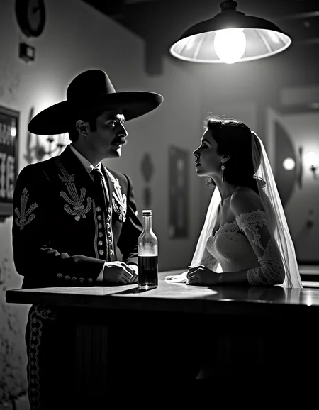 <lora:Mexican Noir Style-flux:1> mxnoirsty, black and white, dark, the Charro and the Femme Fatale (Mexican Noir Style, Shot on 35mm Ilford Black & White Film, High Contrast Lighting)
A rugged charro in a dark embroidered suit and wide sombrero leans against the wooden bar of a smoky cantina, a half-empty tequila bottle at his side. His sharp eyes, shadowed by his hat, watch a woman draped in a lace mantilla as she sings a slow, melancholic ranchera. Her red lips, though unseen in black and white, contrast against her porcelain skin. The only illumination comes from a single overhead lamp, casting stark, dramatic shadows across the peeling cantina walls. Shot with deep contrast and a touch of film grain, the tension between them is palpableâlove or betrayal lingers in the air.