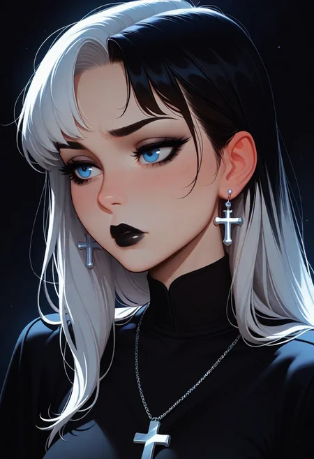 masterpiece, best quality, amazing quality, very aesthetic
Artist : Tsuaii, Artist : Incase, flat colors,
Goth girl, 1girl, solo, blue eyes, black hair, white hair, multicolored hair, goth makeup, black lips, cross earrings, cross necklace, soft lighting, contemplative expression, dark background, high-resolution, detailed texture, emotional depth, dramatic mood, serene atmosphere, cinematic lighting,