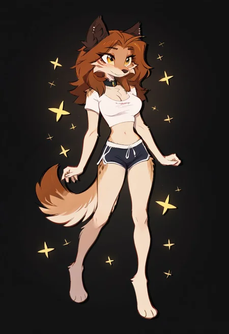 score_6_up, score_5_up, score_4_up, kiri, hyena, furry female, brown hair, long hair, yellow eyes, medium breasts, tail, collar, anthro, hoodie, crop t-shirt, dolphin shorts, simple background, abstract background, posing, cute, best legs, beautiful legs, round breasts, chest fur, fluffy fur, breasts together, curvy hips, smile, cleavage, medium breasts, long legs, sexy legs, happy, adorable, sexy, beautiful, highly detailed, masterpiece, 4k, quality art, digital art, zPDXL2,