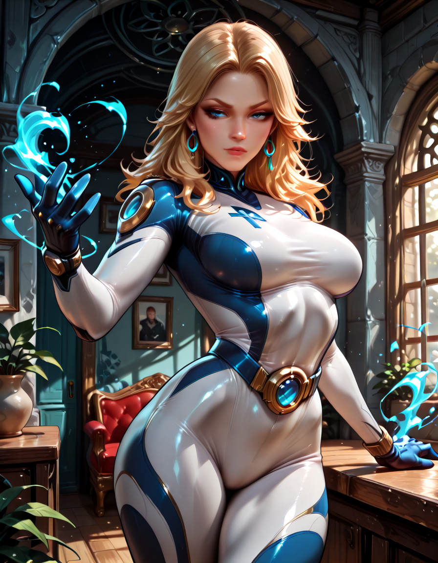 <lora:InvisibleWoman_NoobAI:1>,inv_woman,blue and white bodysuit,