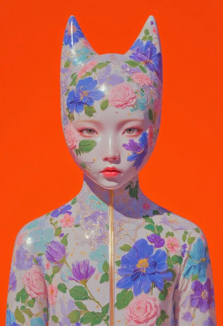 This image is a digital painting in a striking, surrealistic style. The subject is a young person with pale skin and a neutral expression, wearing a long-sleeved shirt adorned with large, vividly colored floral patterns in shades of blue, lavender, and white. Their face is obscured by a mask with an intricate floral design featuring roses, tulips, and violets in vibrant hues of turquoise, magenta, and silver. The mask extends down to the neck, covering the chin and part of the upper chest, and includes pointed, cat-like ears that seamlessly match the floral motif.
The background is a vibrant orange, creating a bold contrast with the intricate designs and the surreal composition. The lighting is soft and evenly dispersed, casting subtle shadows that enhance the texture of the shirt and the intricate floral patterns on the mask. The painting style is highly detailed and surreal, with a smooth, polished finish that emphasizes the richness of the colors and the intricacy of the designs, creating an otherworldly yet captivating visual narrative.