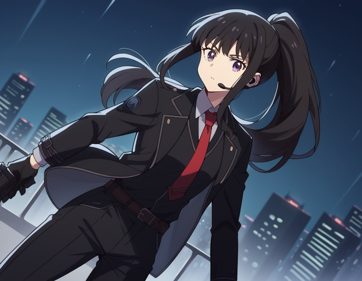 score_9, score_8_up, score_7_up, source_anime,
takinainoue, <lora:takina-inoue-s1-ponyxl-lora-nochekaiser:1>,
inoue takina, long hair, bangs, black hair, purple eyes,
ponytail, gloves, long sleeves, jacket, necktie, black gloves, collared shirt, belt, pants, vest, black jacket, black pants, formal, suit, red necktie, headset, black suit, earpiece,
outdoors, night, cityscape, gun, holding gun,
looking at viewer, cowboy shot, dutch angle, solo,