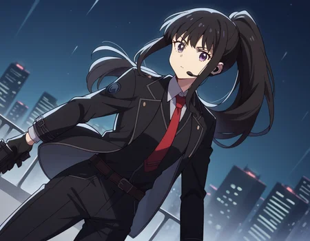 score_9, score_8_up, score_7_up, source_anime,
takinainoue, <lora:takina-inoue-s1-ponyxl-lora-nochekaiser:1>,
inoue takina, long hair, bangs, black hair, purple eyes,
ponytail, gloves, long sleeves, jacket, necktie, black gloves, collared shirt, belt, pants, vest, black jacket, black pants, formal, suit, red necktie, headset, black suit, earpiece,
outdoors, night, cityscape, gun, holding gun,
looking at viewer, cowboy shot, dutch angle, solo,