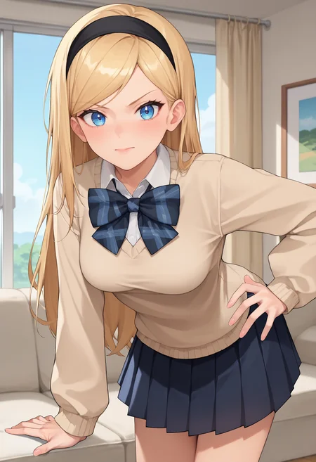 score_9, score_8_up, score_7_up, anime screencap, source_anime, 1girl, solo,
<lora:Kaori_Takada_V1:.85>, KJOkaori, blonde hair, blue eyes, swept bangs, long hair, black headband, black hair bow, 
beige sweater, pleated skirt, bowtie, 
mesugaki, leaning forward, hand on own hip, 
living room, day, 
(Beautiful, medium Breasts:1.2),