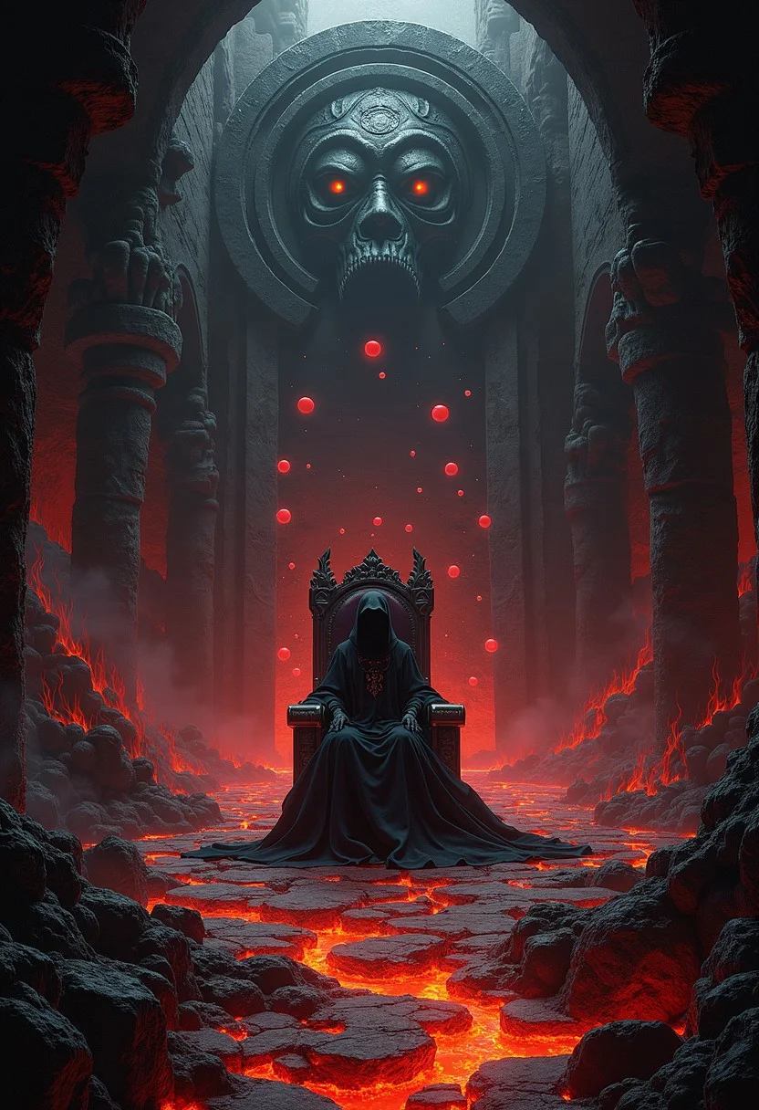 Witch of the Abyss in an Underworld Temple: Deep in the heart of the underworld lies a temple carved from black stone, where the Witch of the Abyss practices forbidden magic. The temple is surrounded by molten rivers, casting a hellish red glow over the obsidian walls. Inside, the witch sits on a throne made of bones and shadow, her eyes glowing with dark energy. Floating above her are swirling orbs of pure void, each one containing the essence of a different dark spell. Around her, spirits of the dead whisper ancient secrets, and shadowy tendrils reach out from the floor to do her bidding. Behind her, a massive portal to the Abyss crackles with dark energy, ready to unleash nightmares upon the world above.
