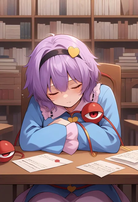 tight clothes, 1girl, komeiji satori, touhou, third eye, black hairband,exhausted, tired, whole person, satori, (front view:1.4), sitting, sitting on chair, (side view:1.3), table, writting, letter, books, sleeping on table, sleepin, blue shirt, blue clothes