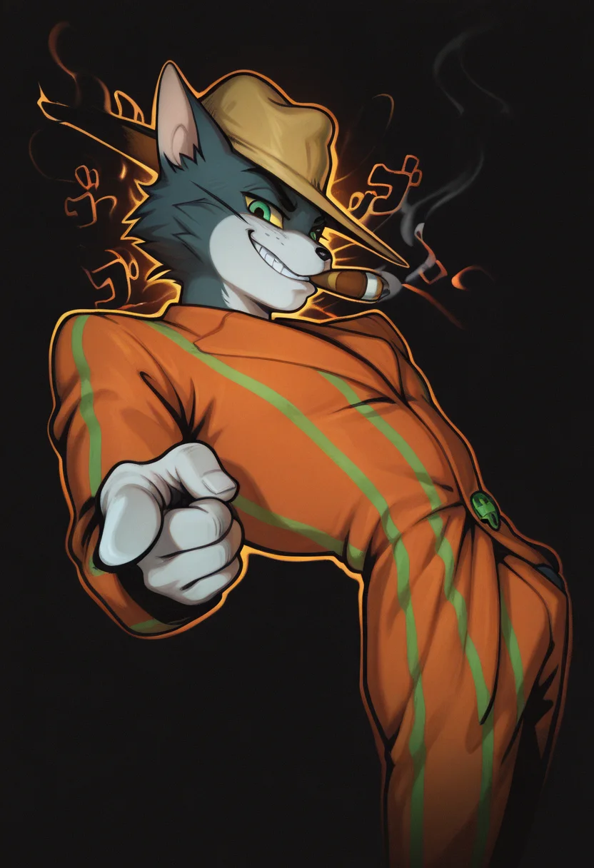 masterpiece, best quality, Graphic Design, color art, vibrant colors, colorful, intricate details, high contrast, detailed background, beautiful detailed, beautiful face, detailed eyes, detailed face, new, newest, z00tt0m, 1boy, solo, male focus, furry, cat, yellow sclera, green eyes, grey fur, whiskers, hat, formal, suit, striped jacket, striped pants, simple background, black background, cowboy shot, dutch angle, dynamic pose, orange aura, menacing, perspective, looking at viewer, smoking, cigar in mouth, grin, j0t4r0, pointing, from side, looking at viewer, jojo pose,