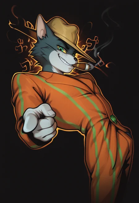 masterpiece, best quality, Graphic Design, color art, vibrant colors, colorful, intricate details, high contrast, detailed background, beautiful detailed, beautiful face, detailed eyes, detailed face, new, newest, z00tt0m, 1boy, solo, male focus, furry, cat, yellow sclera, green eyes, grey fur, whiskers, hat, formal, suit, striped jacket, striped pants, simple background, black background, cowboy shot, dutch angle, dynamic pose, orange aura, menacing, perspective, looking at viewer, smoking, cigar in mouth, grin, j0t4r0, pointing, from side, looking at viewer, jojo pose,