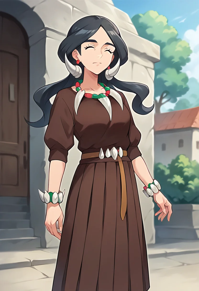score_9, score_8_up, score_7_up, source_anime, masterpiece, 1girl, ctiandrasna, brown dress, belt, pleated skirt, necklace, skirt, earrings, bracelet, closed eyes, looking at viewer, outdoors, <lora:Drasna_Pokemon_pony_ct_v2:0.8>
