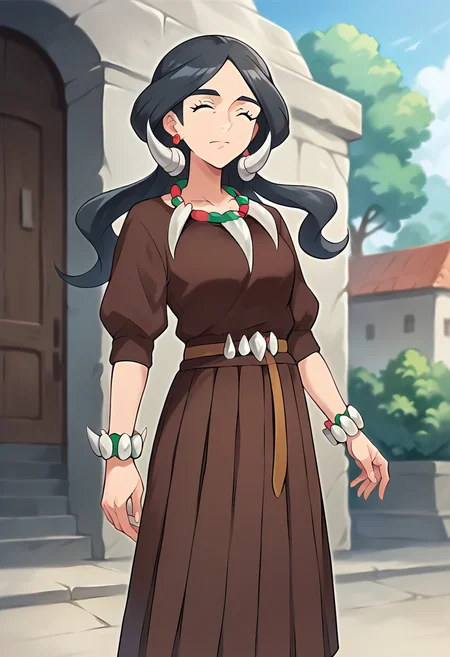 score_9, score_8_up, score_7_up, source_anime, masterpiece, 1girl, ctiandrasna, brown dress, belt, pleated skirt, necklace, skirt, earrings, bracelet, closed eyes, looking at viewer, outdoors, <lora:Drasna_Pokemon_pony_ct_v2:0.8>