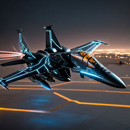 masterpiece, high detail, high resolution, photorealistic, futuristic, cyberpunk aircraft, black F15 raptor with glowing tron lines, dynamic lightning