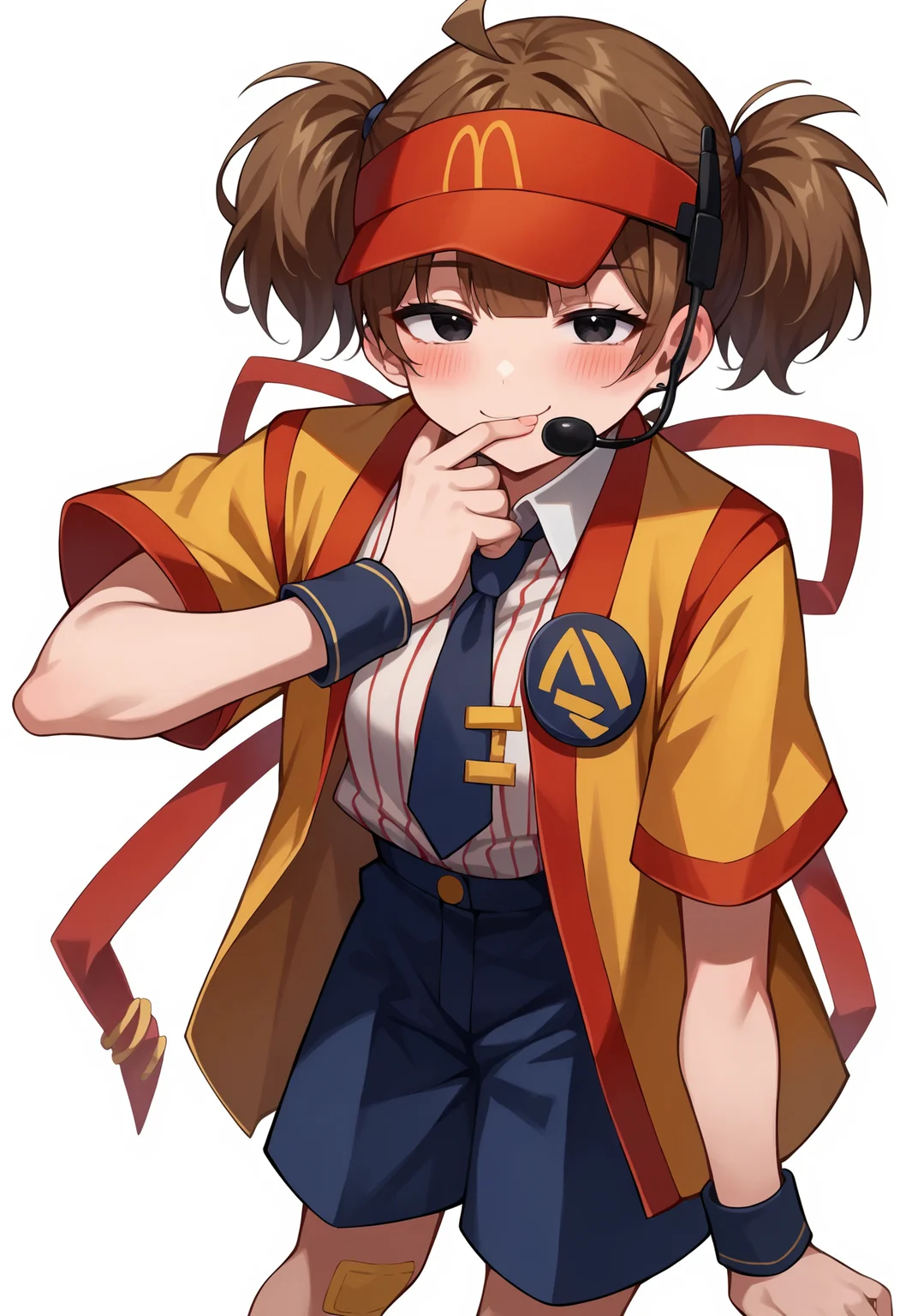 score_9, score_7_up, hd, (ultra hd quality details), source_anime, white background,
1girl, solo, dctabemi, brown hair, short twintails, ahoge, black eyes,
visor cap, headset, jacket, open jacket, short sleeves, necktie, white shirt, striped shirt, collared shirt, blue shorts, wristband, bandaid on knee, 
looking at viewer, blush, smug, half-closed eyes, 
leaning forward, hand to own mouth, 
 <lora:_dabuchi_tabemi-elesico-pony-000009:1>