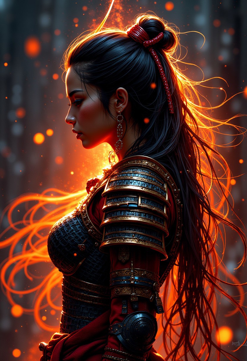 mythp0rt, Silhouette Art, breathtaking detailed, masterpiece, awe-inspiring, radiant, magnificent. (all dark hues and fine vibrant orange glowing smoldering accent and shiny silver color scheme:1.02). glossy. stunning oriental woman, long hair, samurai helment, red leather samurai armour