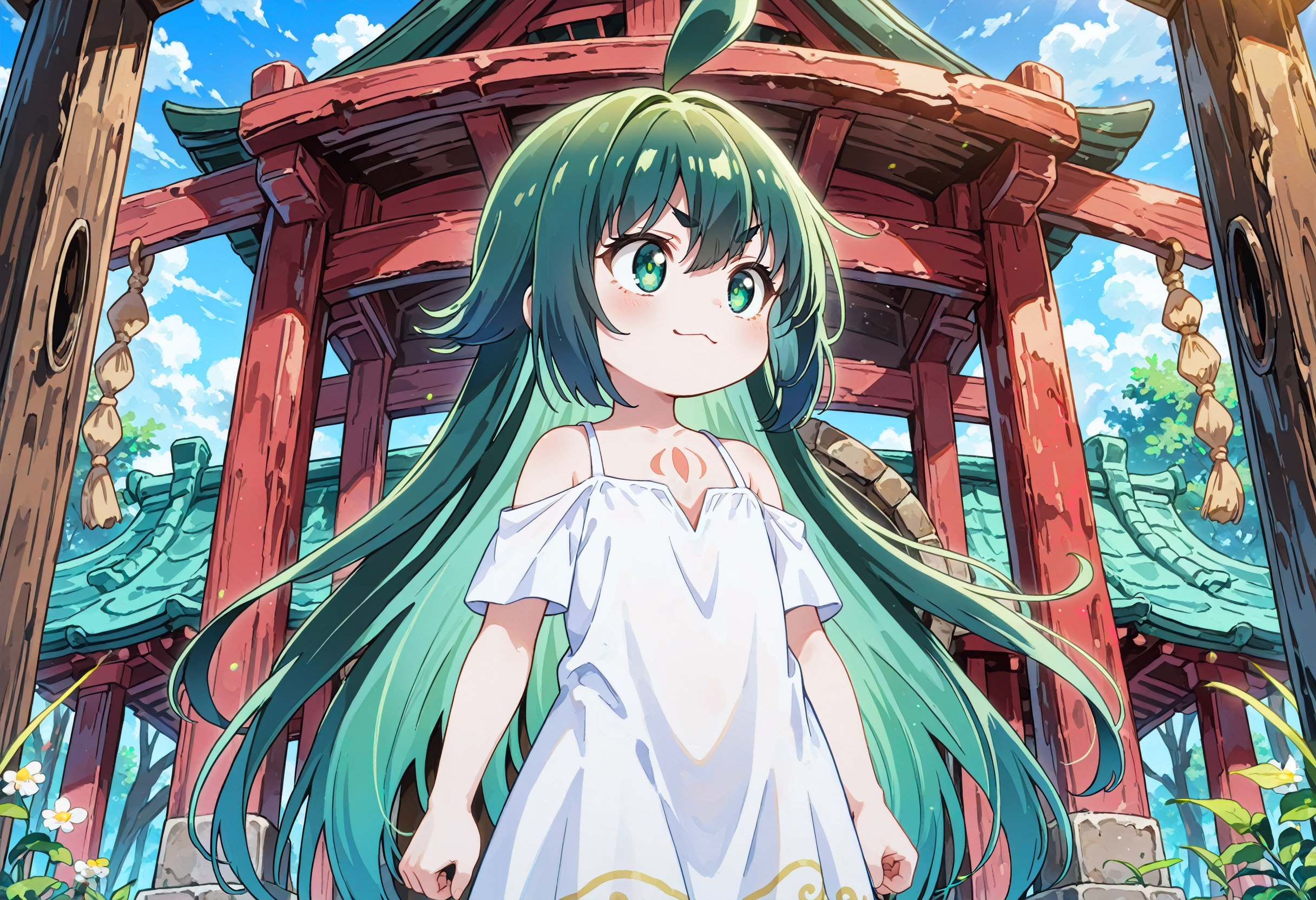 ultra-detailed, ultra-detailed background, ultra-detailed eyes, round face, cute, moe, 1girl, <lora:Mitama_IL:0.8> Mitama_(Kamikatsu), green eyes, green hair, long hair, ahoge, flat chest, chest tattoo, white dress, hair between eyes, v-shaped eyebrows, :3, looking to the side, <lora:hand 5.5_903007:0>, well-defined fingers, ultra-detailed fingers, <lora:noobai_ep11_stabilizer_v0.96_fp16_1136146:0.4>, <lora:spo_sdxl_10ep_4k-data_lora_webui_482964:1>, <lora:Hyper-SDXL-8steps-lora:0.5>, <lora:add-detail-xl:1>, general, masterpiece, best quality, amazing quality, very aesthetic, absurdres,s