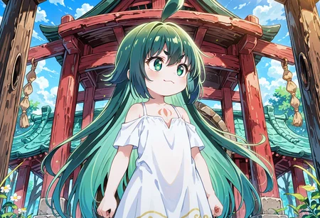 ultra-detailed, ultra-detailed background, ultra-detailed eyes, round face, cute, moe, 1girl, <lora:Mitama_IL:0.8> Mitama_(Kamikatsu), green eyes, green hair, long hair, ahoge, flat chest, chest tattoo, white dress, hair between eyes, v-shaped eyebrows, :3, looking to the side, <lora:hand 5.5_903007:0>, well-defined fingers, ultra-detailed fingers, <lora:noobai_ep11_stabilizer_v0.96_fp16_1136146:0.4>, <lora:spo_sdxl_10ep_4k-data_lora_webui_482964:1>, <lora:Hyper-SDXL-8steps-lora:0.5>, <lora:add-detail-xl:1>, general, masterpiece, best quality, amazing quality, very aesthetic, absurdres,s