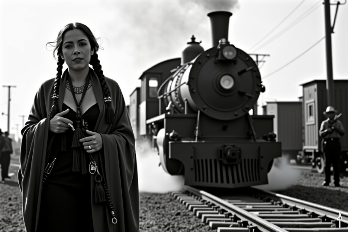 <lora:Mexican Noir Style-flux:1> mxnoirsty, black and white, dark,  Train to the Revolution (Mexican Revolutionary Noir, Vintage Ortho Film, Motion Blur for Realism)
A battered steam locomotive pulls into a desolate station, the air thick with smoke and dust. Rebel soldiers, their bandoliers glinting in the dim light, jump down from the cargo cars, their rifles slung over their backs. Among them is a womanâher long braid wrapped around her head, her face smudged with dirt but her eyes fierce with determination. She adjusts her shawl, revealing a pistol hidden beneath its folds. The camera captures the moment with motion blur as she steps onto the platform, the weight of war in her stride. The deep contrast of the orthochromatic film gives the scene an unfiltered, historical realism.