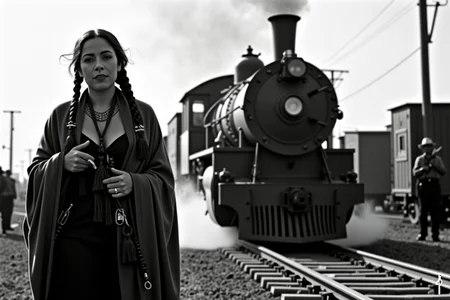 <lora:Mexican Noir Style-flux:1> mxnoirsty, black and white, dark, Train to the Revolution (Mexican Revolutionary Noir, Vintage Ortho Film, Motion Blur for Realism)
A battered steam locomotive pulls into a desolate station, the air thick with smoke and dust. Rebel soldiers, their bandoliers glinting in the dim light, jump down from the cargo cars, their rifles slung over their backs. Among them is a womanâher long braid wrapped around her head, her face smudged with dirt but her eyes fierce with determination. She adjusts her shawl, revealing a pistol hidden beneath its folds. The camera captures the moment with motion blur as she steps onto the platform, the weight of war in her stride. The deep contrast of the orthochromatic film gives the scene an unfiltered, historical realism.