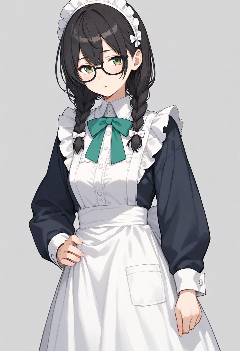 score_9, source_anime,score_8_up, score_7_up, best quality, masterpiece, 
1girl, black hair, twin braids, bangs
glasses, solo, hanakuma chifuyu,
<lora:Hyper-SDXL-8steps-lora:1>
<lora:age_slider_v4:1>
simple background, grey background,<lora:chifuyu_XL_pony:1>
maid, cowboy shot, long sleeves,