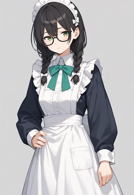 score_9, source_anime,score_8_up, score_7_up, best quality, masterpiece,
1girl, black hair, twin braids, bangs
glasses, solo, hanakuma chifuyu,
<lora:Hyper-SDXL-8steps-lora:1>
<lora:age_slider_v4:1>
simple background, grey background,<lora:chifuyu_XL_pony:1>
maid, cowboy shot, long sleeves,