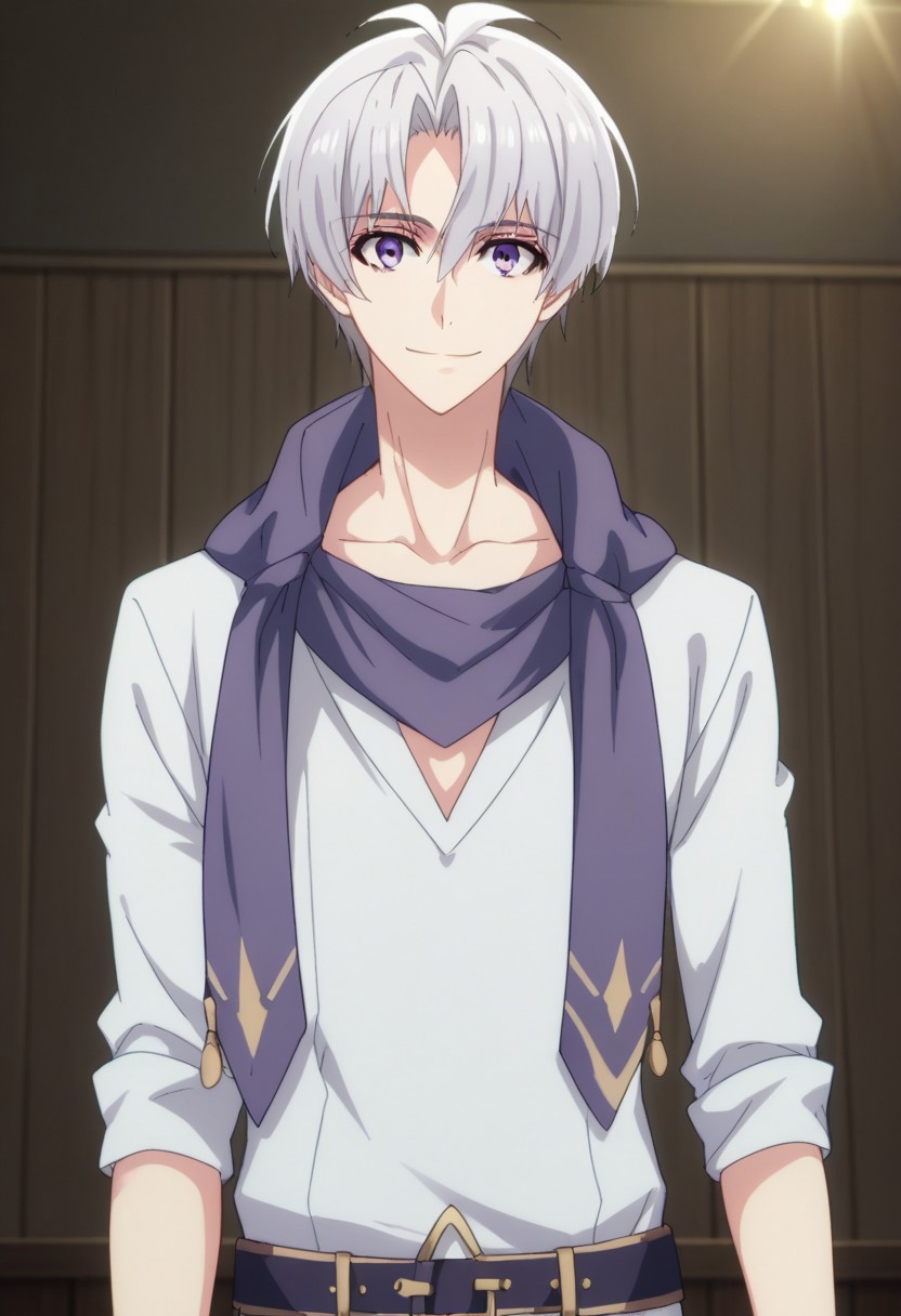 score_9, score_8_up, score_7_up, source_anime, highly detailed, 
sogosaka, 1boy, male focus, bracelet, jewelry, purple eyes, grey hair, upper body, scarf, belt, looking at viewer, idol uniform, smile
indoor, stage,