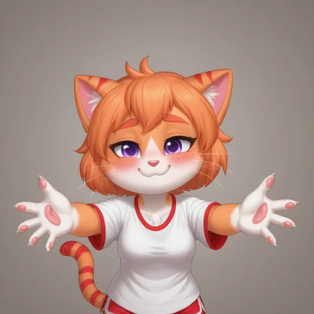 SuperKitties, Anthropomorphic body, Ginny, mammal, furry, orange tabby munchkin, \(artwork\), high quality/resolution, 4K, 2023, solid color background, solo focus, shaded, portrait, fur, female, biped, short stack, purple eyes, red stripes (in between 2 zig zag stripes), cat tail, ears down, chestnut (color) orange thin eyebrows, eyes opened, blushing red face, light pink solid color shirt, oversized shirt, magenta dolphin shorts, looking at the viewer, one eyelash, POV, incoming hug, hands reaching the viewer, smiling, sad, mouth slightly open, no hair only fur, shading, round-shaped head, white whiskers, white vanilla colored hands and feet (paws) close up