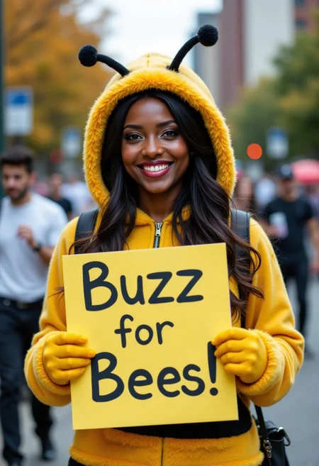A photo of a Black woman in a bee costume, smiling while holding a sign saying “Buzz for Bees!”, aidmafluxpro1.1