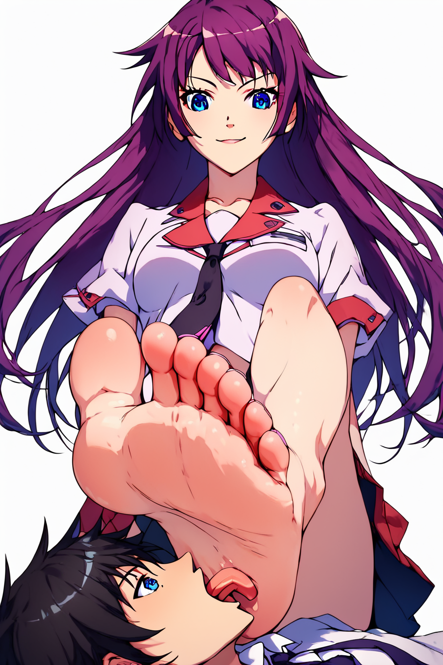 core_9, score_8_up, score_7_up, score_6_up, score_5_up, score_4_up,<lora:hitagi-senjougahara-anime-ponyxl-lora-nochekaiser:0.8>, hitagi senjougahara, bangs, long hair, blue eyes, purple hair, <lora:foot_worship:1>, skirt, thighhighs, school uniform, necktie, black thighhighs, zettai ryouiki, naoetsu high school uniform,1girl, 1boy, feet, barefoot, toes, toenails, legs, licking foot, foot worship, femdom, giant feet, looking down, masterpiece, highres, highly detailed face, highly detailed shining eyes, symmetrical highly detailed eyes, simple background, white background
