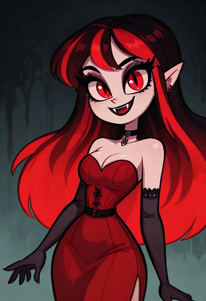 (masterpiece, best quality, good quality, very aesthetic, absurdres, newest:1.2), solo, curvy, beautiful eyes, 1girl, solo, long hair, red hair, multicolored hair, black and red hair, looking at viewer, bangs, smile, fangs, open mouth, red eyes, pale skin, makeup, black lips, earrings, jewelry, choker, black gloves, elbow gloves, red dress, gothic, , <lora:VampieNAI:1.0>, from above, dynamic pose, cowboy shot, smile, looking at viewer, shiny skin,