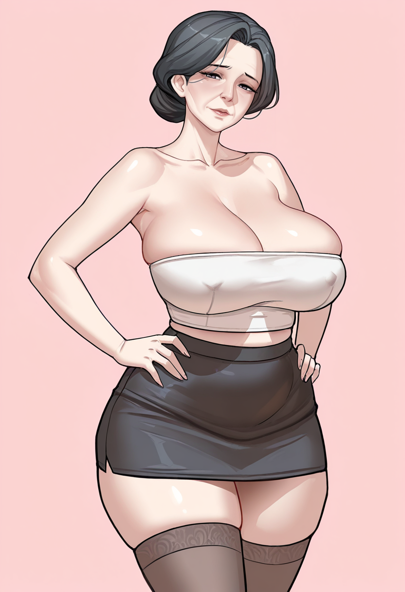 masterpiece, best quality, S4s4k1Nsfw,
 <lora:69_Marshviolet8:1> mature female, 1girl, solo,standing,hands on own hips, looking at viewer, black hair, short hair, white crop top, strapless, thighhighs, zettai ryouiki, collarbone, cleavage, black miniskirt, pink background, simple background, portrait,