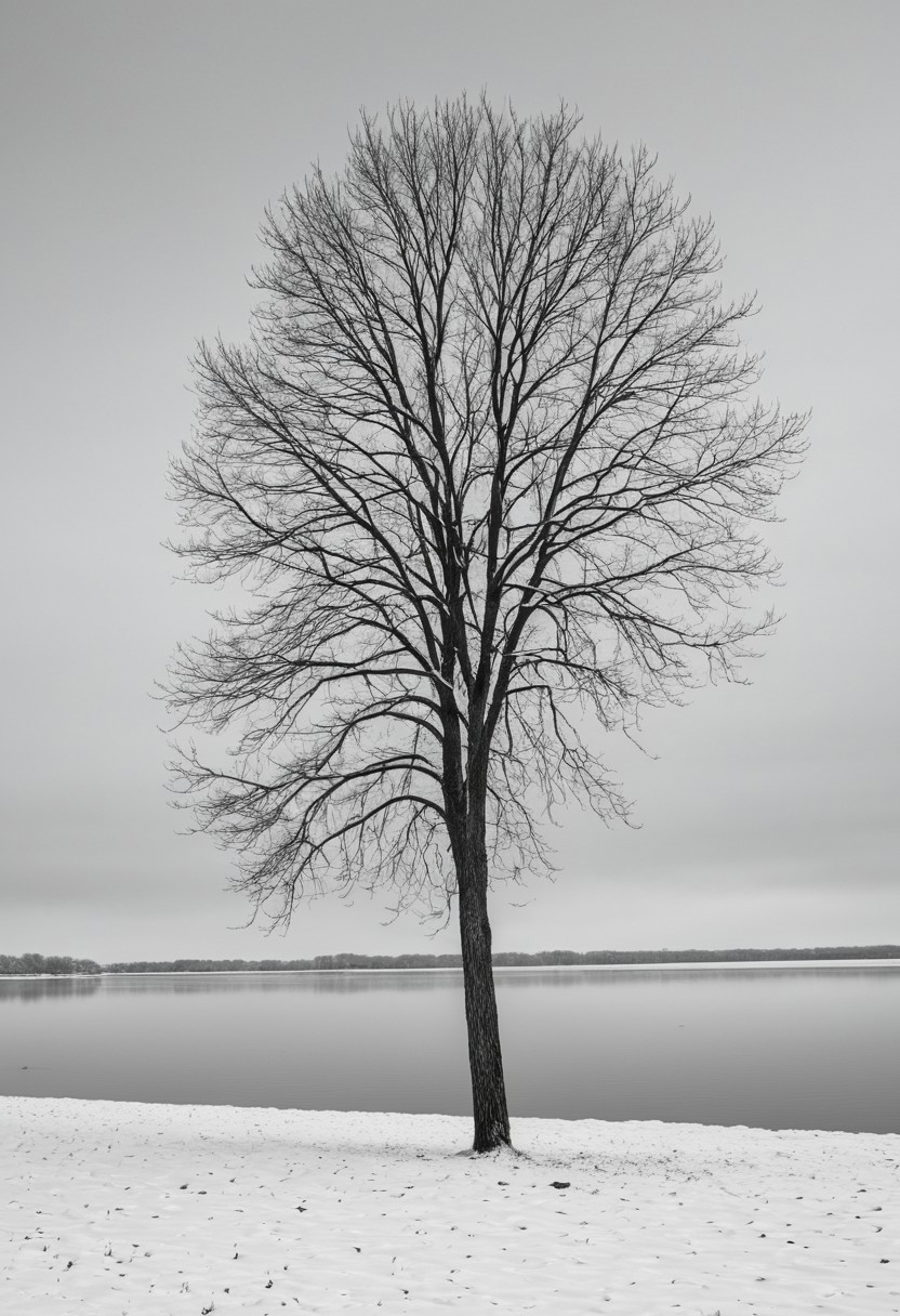 ((sideview)), masterpiece, high quality, RAW photo, reflection, outdoors, no humans, monochrome, scenery, water lake, bare tree, boat, photo, serene, snow-covered winter landscape. solitary tree standing on a thin strip of land, which is the only visible vegetation The tree, devoid of leaves, is tall and bare, its branches reaching out in a symmetrical pattern, creating a stark silhouette against the pale, overcast sky. ground is blanketed in a thick layer of snow, creating a pristine, white expanse that extends from the tree towards the viewer., photorealistic, 8K, highly detailed, (snowing)