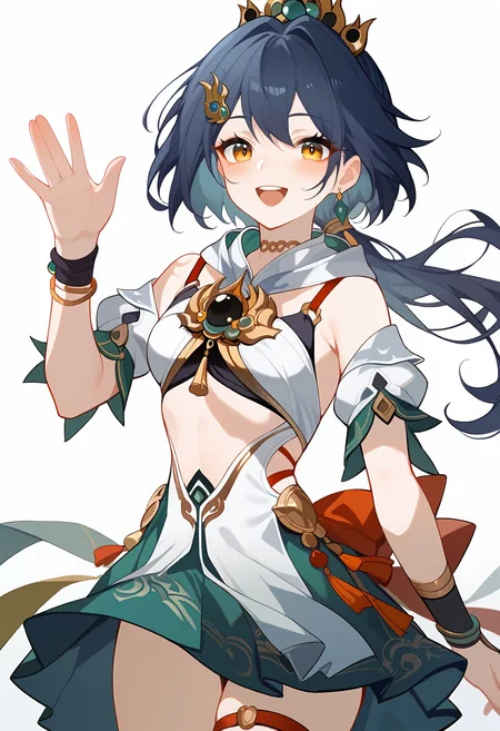 score_9_up,score_8_up,score_7_up,<lora:yunli_v2.0_pony-000040:1>,<lora:Expressive_H-000001:1>,
1girl,solo,
HSR_YL,short hair,yellow eyes,low twintails,
green skirt,earrings,hair ornament,white midriff,
looking at viewer,simple background,blush,white background,dark blue hair,smile,upper teeth only,cowboy_shot,bracelet,waving,thigh strap,bare legs