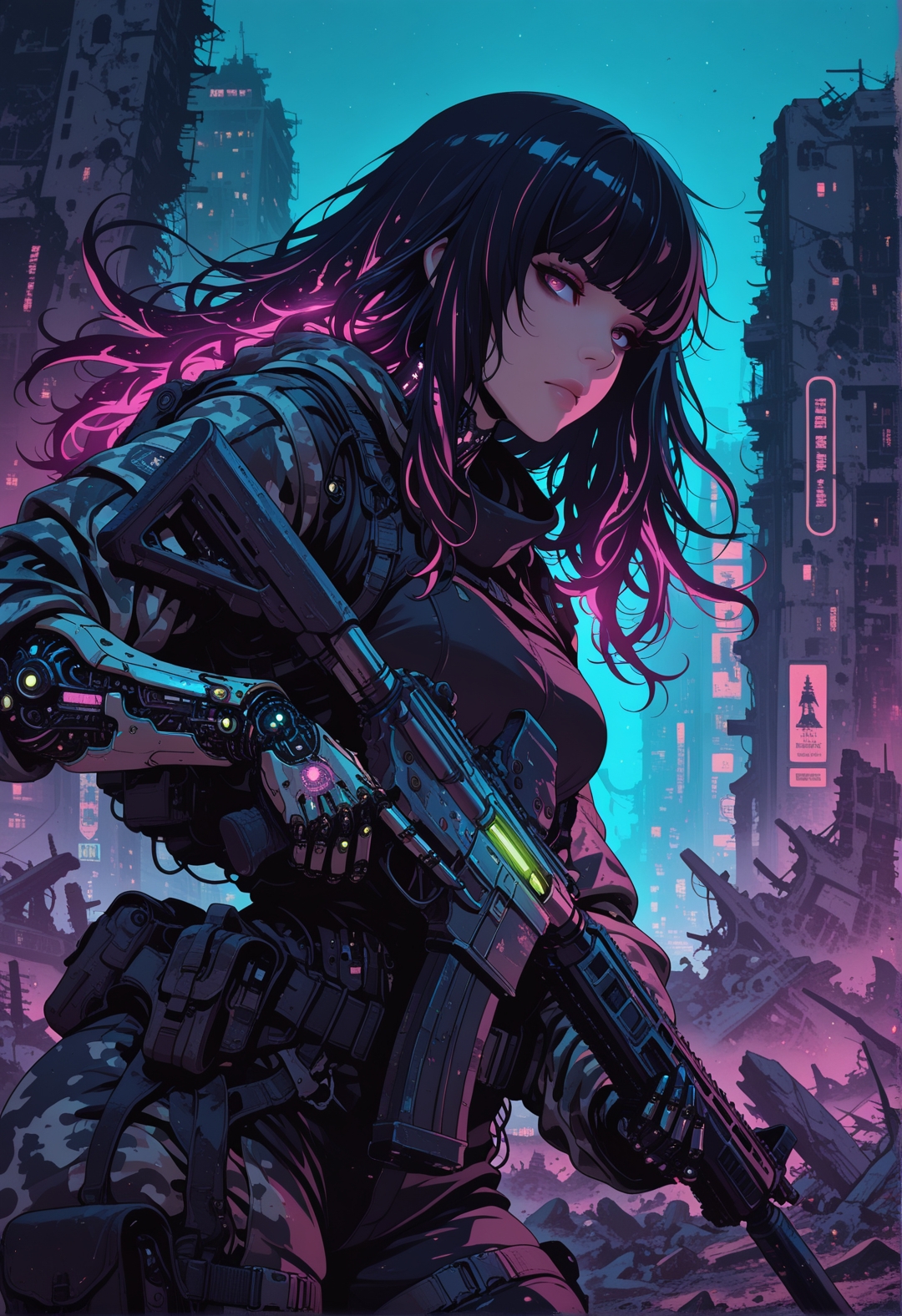 <lora:ck-nc-cyberpunk-IL-000011:0.4>, masterpiece, best quality, good quality, very aesthetic, absurdres, newest, 8K, depth of field, focused subject,
dynamic angle, side view, action shot, 1girl, cyberpunk cyborg, looking at viewer, fierce look, (camouflage glowing hair:1.2), long hair, the cyborg is very sinister and dangerous, cross_draw, AR15 rifle, assault rifle, rifle_draw, one_hand_on_trigger, trigger discipline, black desert, arid environment, city, ruins, nightvision, at night,
in the style of cknc,
<lora:MoriiMee_Gothic_Niji_Style_Illustrious_r1:0.45>
 <lora:ck-shadow-circuit-IL:0.78>
 <lora:ck-Sommo-Concept-Art-IL:0.6>