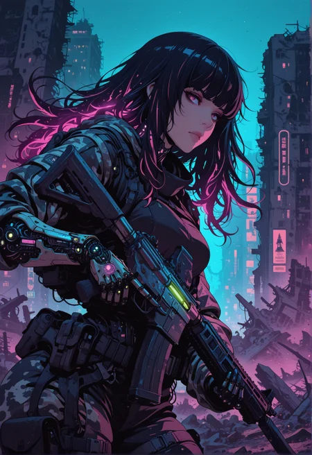 <lora:ck-nc-cyberpunk-IL-000011:0.4>, masterpiece, best quality, good quality, very aesthetic, absurdres, newest, 8K, depth of field, focused subject,
dynamic angle, side view, action shot, 1girl, cyberpunk cyborg, looking at viewer, fierce look, (camouflage glowing hair:1.2), long hair, the cyborg is very sinister and dangerous, cross_draw, AR15 rifle, assault rifle, rifle_draw, one_hand_on_trigger, trigger discipline, black desert, arid environment, city, ruins, nightvision, at night,
in the style of cknc,
<lora:MoriiMee_Gothic_Niji_Style_Illustrious_r1:0.45>
 <lora:ck-shadow-circuit-IL:0.78>
 <lora:ck-Sommo-Concept-Art-IL:0.6>