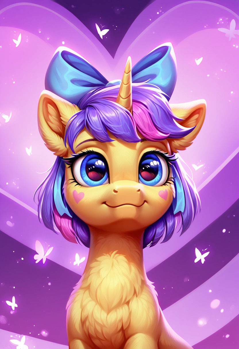 masterpiece, score_9, score_8_up, score_7_up, score_6_up, (best quality:1.1), ultra-detailed, high resolution, (UNICORN PONY)), (SOLO), (1GIRL), (FERAL PONY), ((SUPERNOVA NAP), (pony nuzzle), ((detailed short purple hair with light pink and blue stripe:1.5)), (hair bow:1.5) (highly detailed pony face), (highly detailed eyelashes:1.5), (beautiful detailed blue eyes), (detailed light yellow fur:1.5), (smirking), ((highly detailed purple pink heart shaped stage  background:1.5)), (purple pink flowers:1.5), (pink purple stage lights:1.5), (purple pink butterflies:1.5), high quality, sharp, the quality of ai art is frightening, highly detailed, Highly Visible, sharp focus, high detail, detailed background,