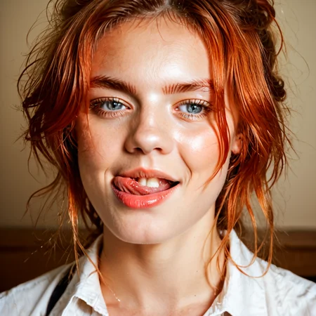 1girl, solo, 19 years old, perfect legs, clothed, redhead long messy stylish hair, calligraphy
(calligraphy pen:1.3), (blank paper:1.3), desk
licking lips <lora:Licking own lips_epoch_10:1.3>, , score_9, score_8_up, score_7_up, hyperdetailed, hyperrealistic, masterpiece, best quality, (masterpiece:1.3),high-definition, intricate details, volumetric lighting, symmetrical face, level eyes, skin pores . Extremely high-resolution details, photographic, realism pushed to extreme, fine texture, incredibly lifelike