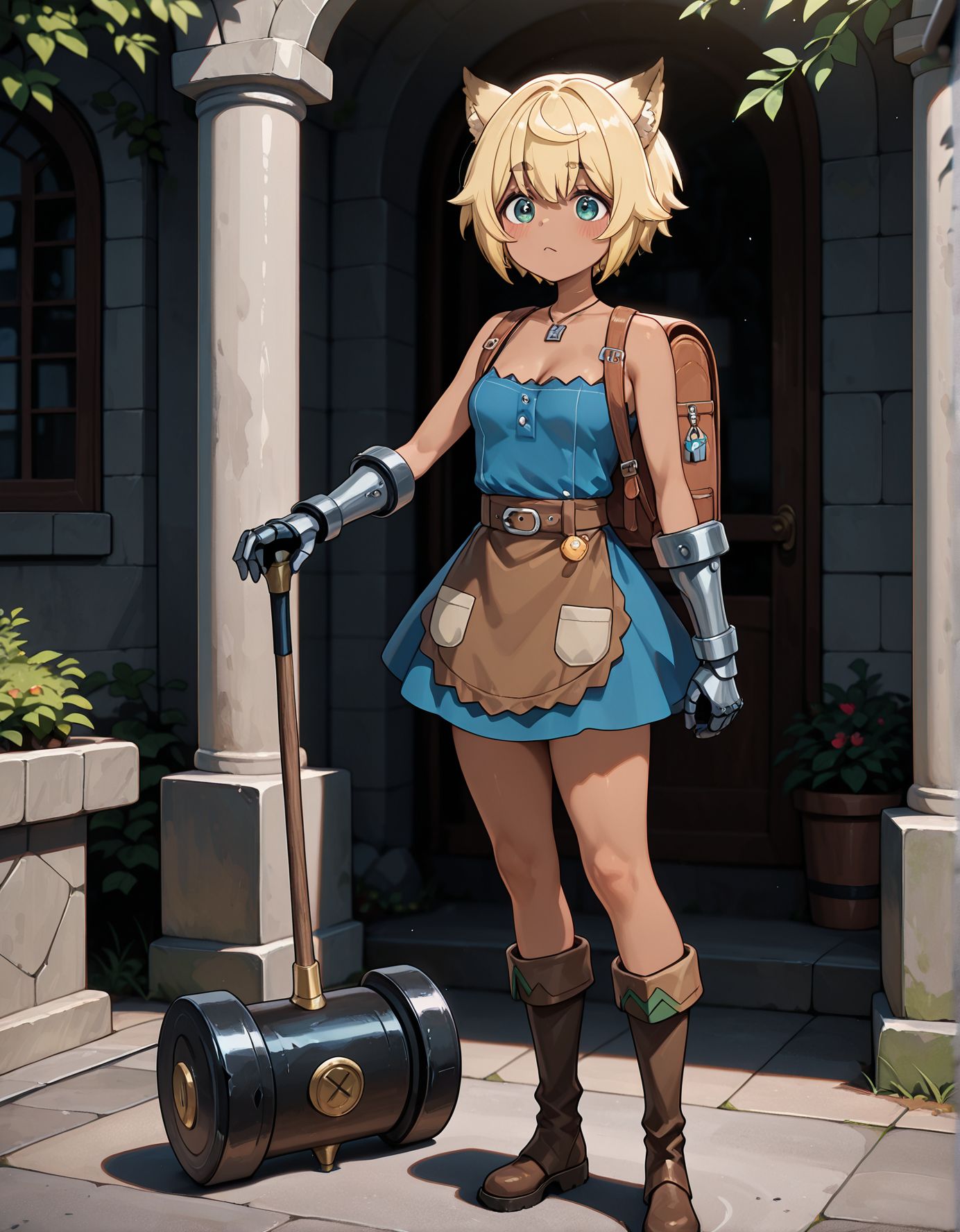 masterpiece,best quality,amazing quality,very aesthetic,absurdres,newest, huge filesize,
<lora:spo_sdxl_10ep_4k-data_lora_webui:0.5>,
<lora:add-detail-xl:1>
 <lora:Beheneko:1>Beheneko_V1,
b_Vulcan,
solo,
1girl, standing, 
blonde hair, small breasts, 
animal ears,short hair, 
dark skin, blue dress,bare shoulders, 
boots,cleavage, 
full body, outdoors, hammer, 
Gauntlet,
Waist Apron, Leather Apron,Carrying a backpack ,