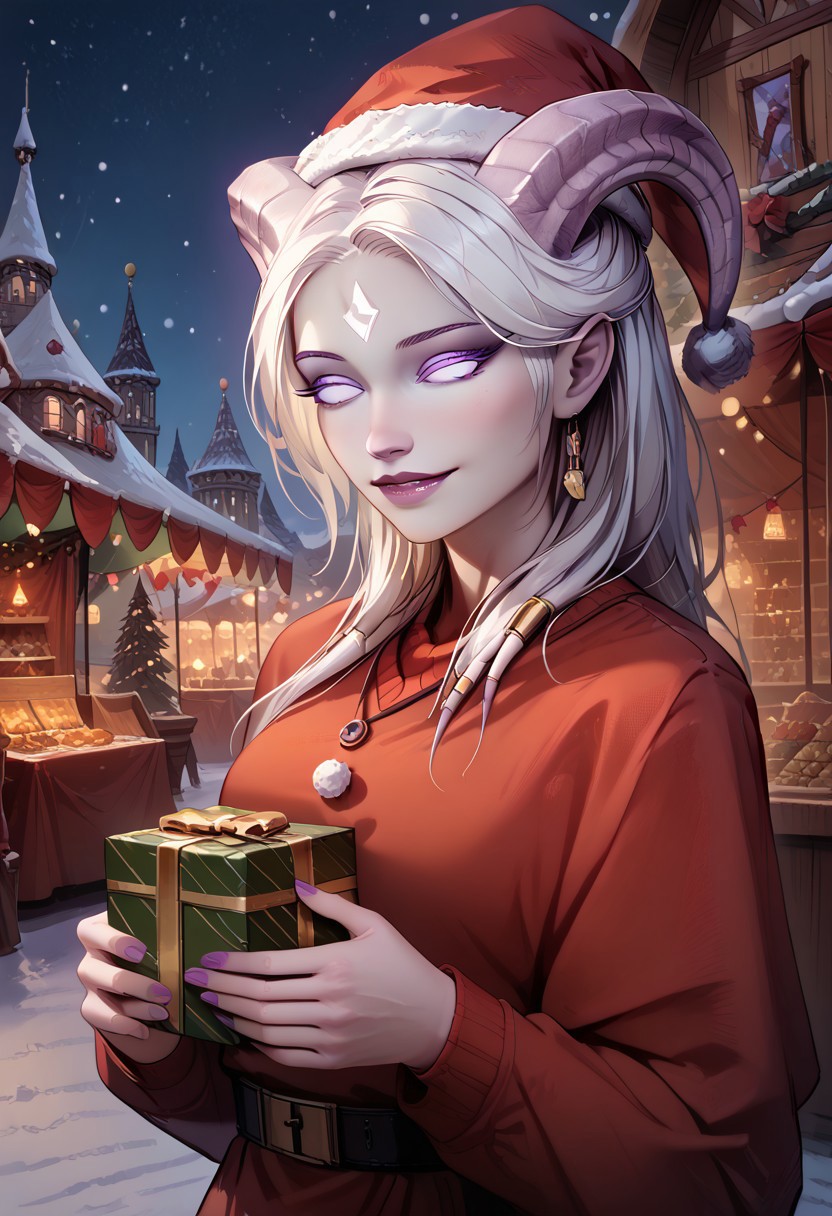 (absurdres, best quality, masterpiece:1.4), score_9, score_8_up, score_7_up, score_6_up, detailed, detailed body, detailed face, 
culDraenei, purple eyes, no sclera, no pupils, long ears,
Santa_Dress, Santa Hat, 
upper body, soft smile, holding a present, 
outdoors, fantasy market background, market stalls, food, snow, sunshine