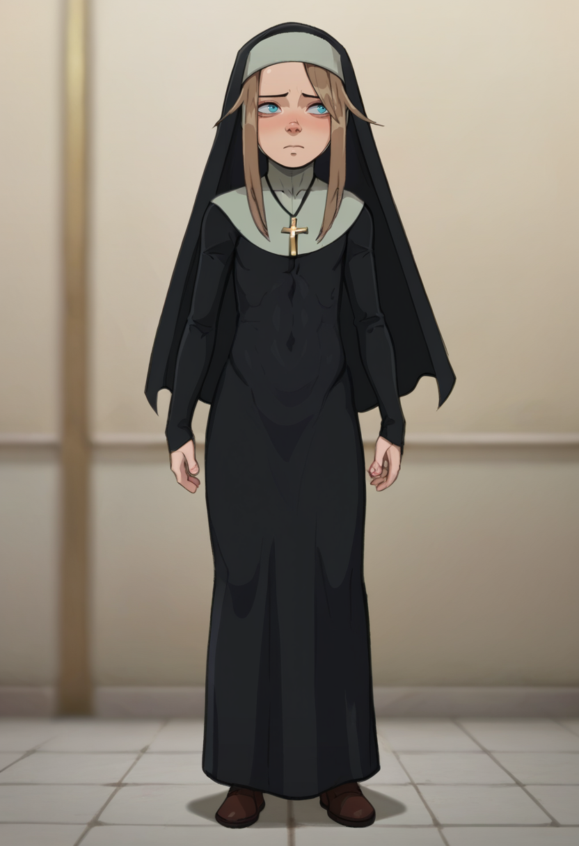 score_9, score_8_up, score_7_up, 
BREAK
<lora:Sister_Hildegard:0.8>, Gardie, brown hair, blue eyes, habit, nun , nun dress, cross necklace,
BREAK
solo, standing, shy,