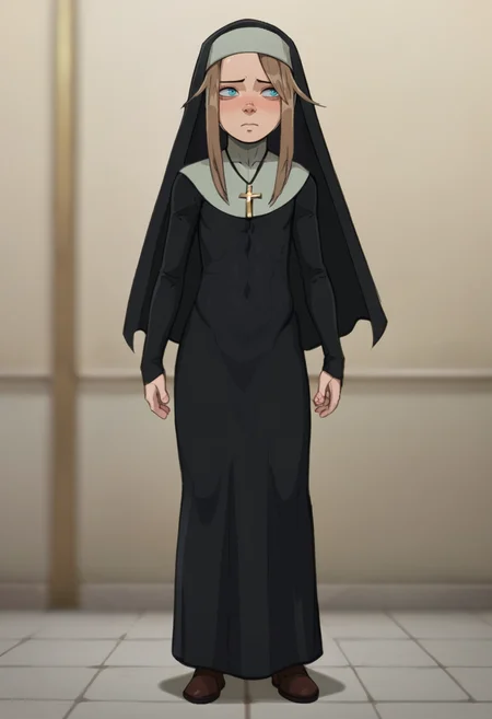 score_9, score_8_up, score_7_up, 
BREAK
<lora:Sister_Hildegard:0.8>, Gardie, brown hair, blue eyes, habit, nun , nun dress, cross necklace,
BREAK
solo, standing, shy,