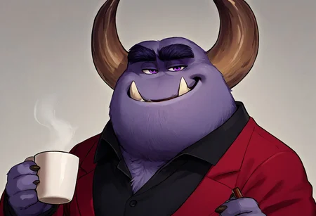Expressiveh, solo, score_9, score_8_up, score_7_up, score_6_up, score_5_up, score_4_up, source_furry, hi res, johnny worthington, monster, satan-like monster, big horns, purple fur, upward-facing fangs, noseless, thick eyebrows, muscular, slighty chubby, purple eyes, claws, mature male, anthro, holding a cup of coffee, smiling, smirk, standing, spiked tail, bust shot, male, looking at viewer, formal, red shirt, black t-shirt