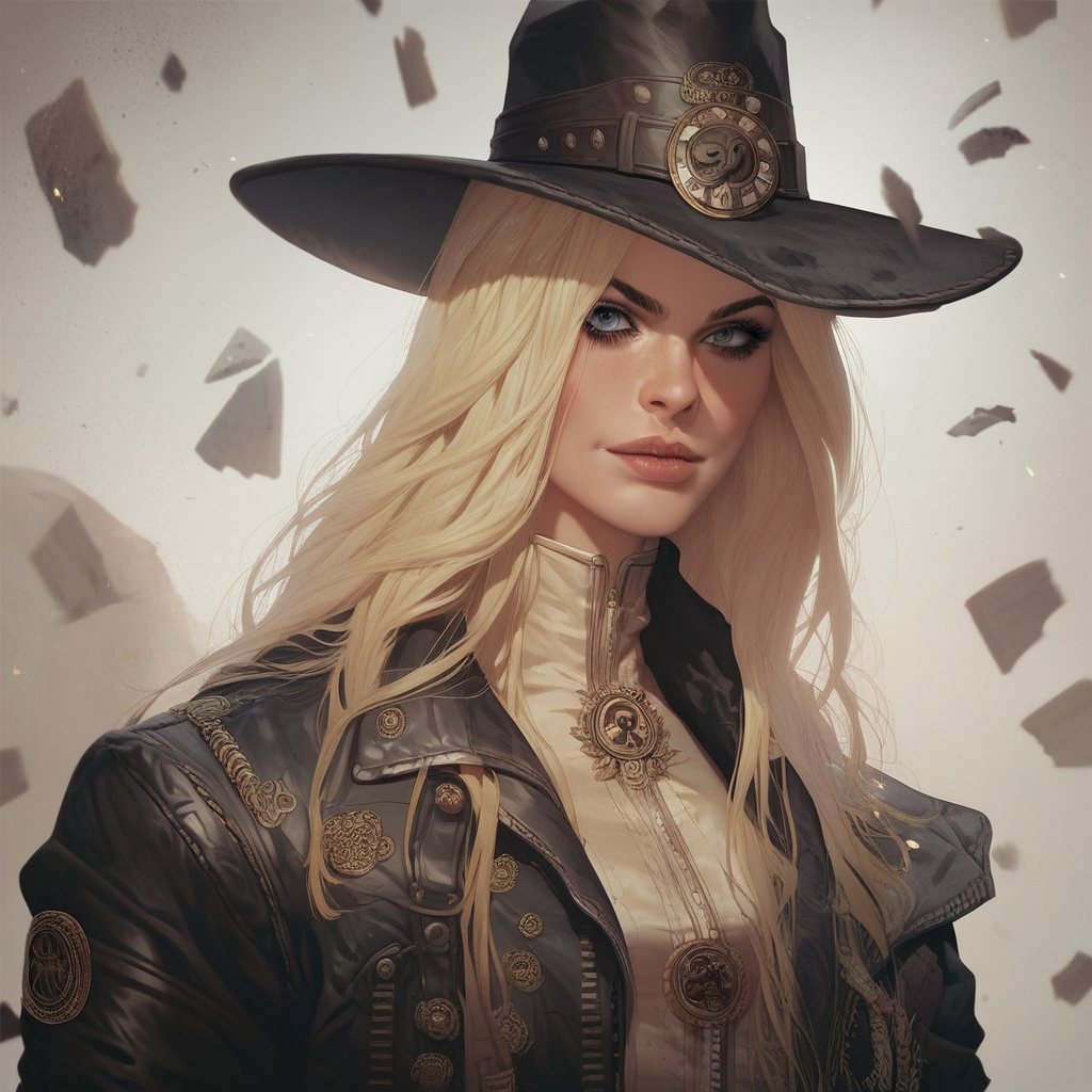 score_9, score_8_up, score_7_up, masterpiece, best quality, newest, absurdres, highres, DDstyle, official style, 1girl, GRDD-V1.1, hat, blonde, blonde hair, long hair, leather jacket, jacket,