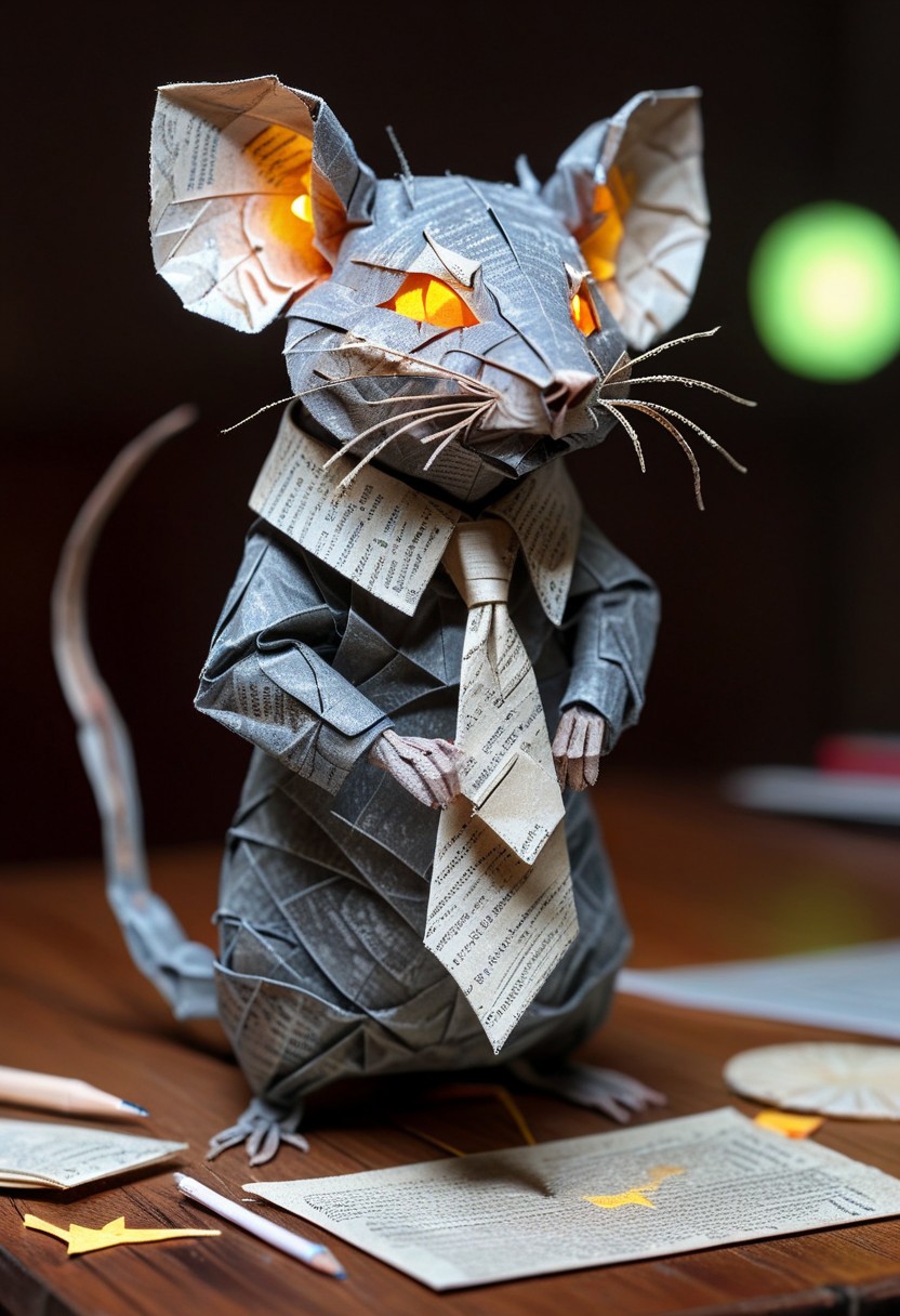 rat  made of paper, rat with tie, close up, textured paper, on wooden table, fluorescent, glowing eyes, paper computer, doing taxes, fluorescent, fluorescent dust, fluorescent spraypaint, glowing dust