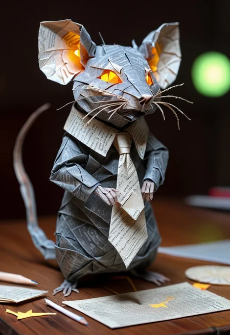 rat made of paper, rat with tie, close up, textured paper, on wooden table, fluorescent, glowing eyes, paper computer, doing taxes, fluorescent, fluorescent dust, fluorescent spraypaint, glowing dust