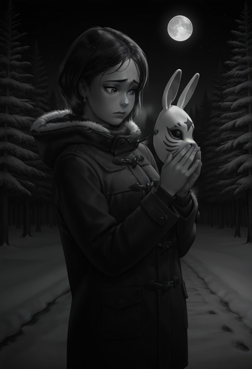 Graphic Design, greyscale, monochrome, intricate details, high contrast, detailed background, beautiful detailed, beautiful face, detailed eyes, detailed face, new, k4r1n4, 1girl, solo, jewelry, short hair, earrings, black hair, winter clothes, cowboy shot, looking at own hands, worried, forest, snow, winter, dark, night, moon, stars, holding realistic rabbit mask, (from side:0.8), (masterpiece, best quality, newest, recent, absurdres),