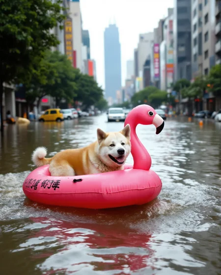 Imagine an image in the style of cinematic photorealism: A joyful Akita Inu dog named Yujin, happily navigating the flooded city streets in a pink flamingo inflatable boat. Yujin is smiling contentedly as he passes by half-submerged vehicles and debris. The boat's wake creates ripples that distort the reflection of a distant, partially flooded skyscraper., <lora:flux\personas\YujinLiz.safetensors:1.0:1.0> <lora:flux\estilos\Flooded_Streets_Flux.safetensors:1.0:1.0> <lora:flux\estilos\PCB_Image_Enhancer_for_FLUX.safetensors:1.0:1.0>