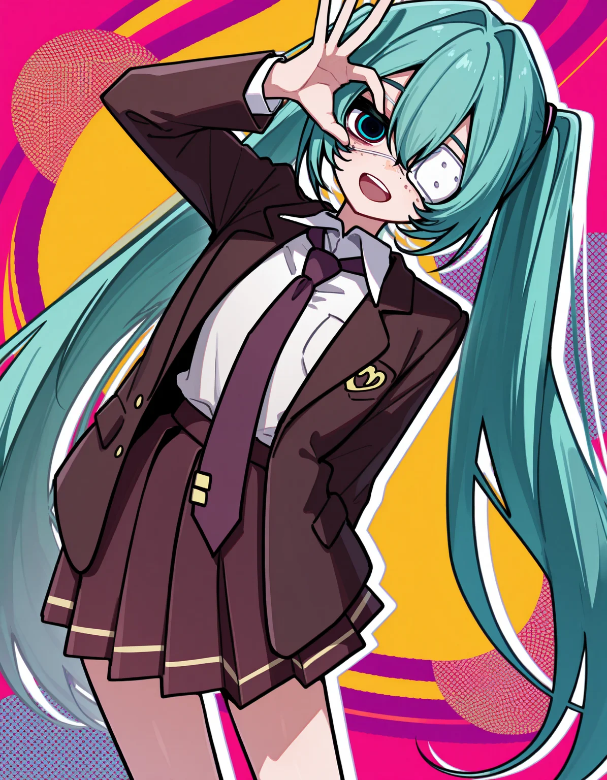 1girl, hatsune miku, hmmonitoring, very long hair, twintails, bangs, hair between eyes, medical eyepatch, freckles, school uniform, collared shirt, necktie, jacket, open jacket, long sleeves, pleated skirt,
hand up, simple white background, open mouth, :d, half-closed eyes, upper teeth, arm behind back, hand in pocket, one eye covered, ok sign, lapels, hand over eye, abstract background, patterned background, multicolored background, evil smile,
rating safe, eitmksg,
masterpiece, best quality, amazing quality, highres, newest, <lora:eitmksg:1.0> <lora:mikumonitoring_dyn095_rank16:1.0>