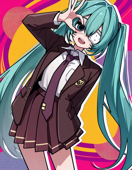 1girl, hatsune miku, hmmonitoring, very long hair, twintails, bangs, hair between eyes, medical eyepatch, freckles, school uniform, collared shirt, necktie, jacket, open jacket, long sleeves, pleated skirt,
hand up, simple white background, open mouth, :d, half-closed eyes, upper teeth, arm behind back, hand in pocket, one eye covered, ok sign, lapels, hand over eye, abstract background, patterned background, multicolored background, evil smile,
rating safe, eitmksg,
masterpiece, best quality, amazing quality, highres, newest, <lora:eitmksg:1.0> <lora:mikumonitoring_dyn095_rank16:1.0>
