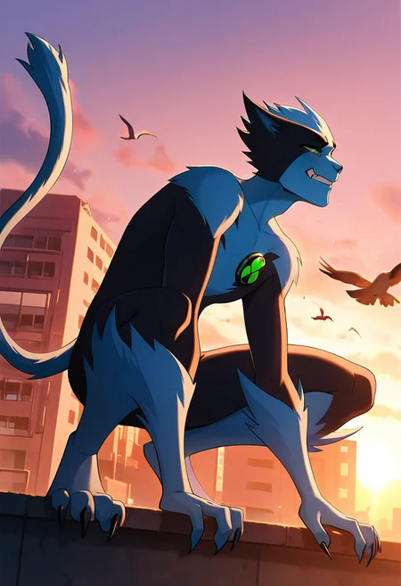 masterpiece, best quality, amazing quality, very aesthetic, absurdres, newest,, detailed background, 
fastrack, solo, blue skin, green eyes,  claws, green badge, fang,, feline tail,  wide jaw, masculine, blue chest, digitigrade legs,
on building, golden hour, sunset, crouching, strong winds, from below, smile, teeth, clenched teeth, half closed eyes, birds,